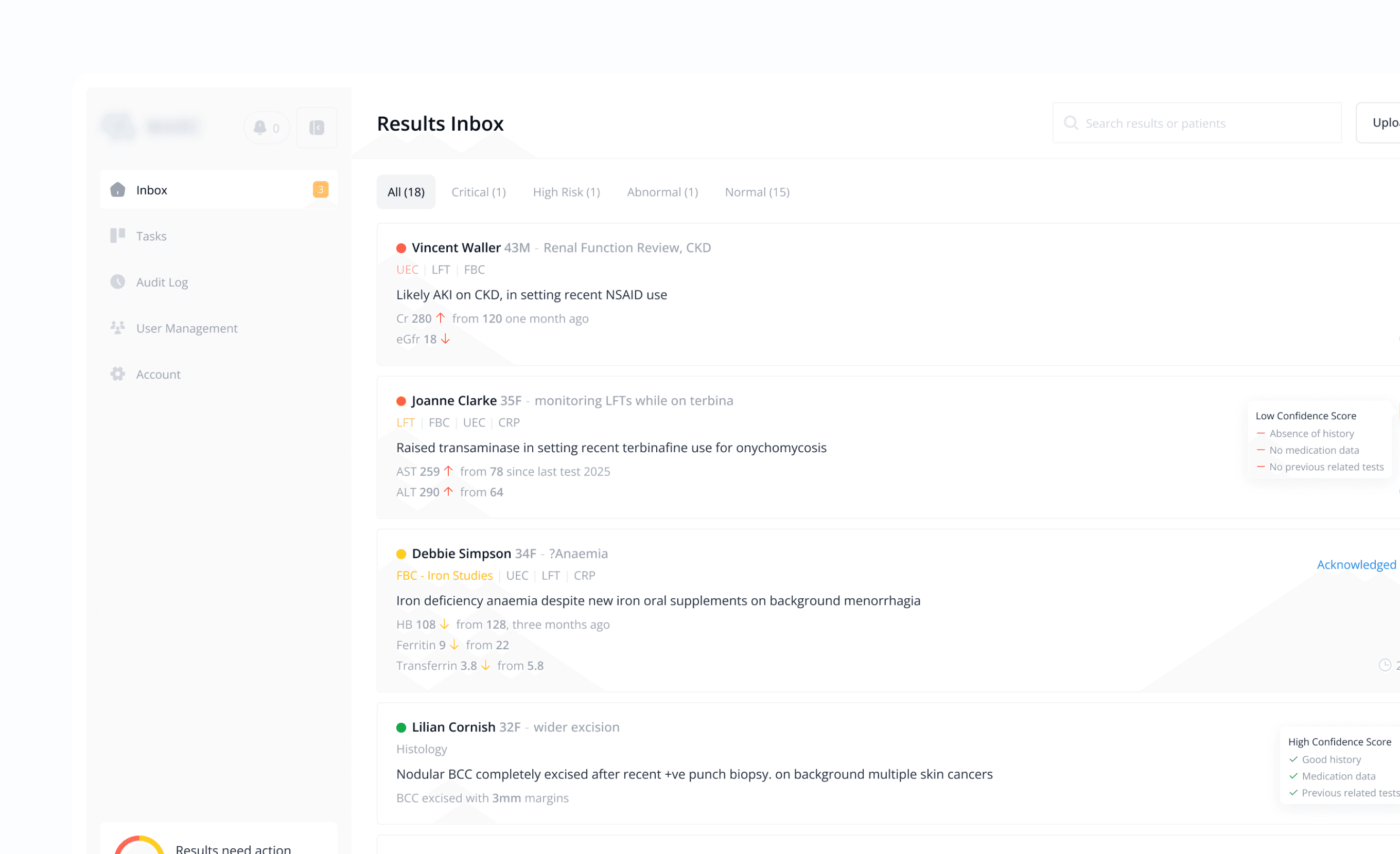 The Results Inbox - patient-level result groups with urgency and context-quality indicators.